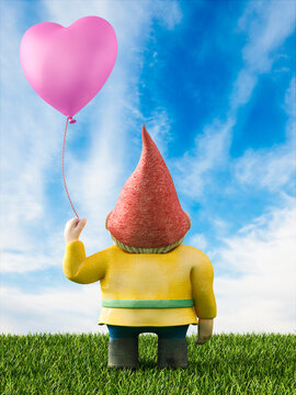Back view of garden gnome standing on a meadow holding pink balloon, 3D Rendering