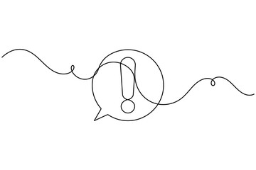 Obraz premium Caution danger exclamation mark in speech bubble frame sign continuous one line drawing on white background minimalist single art alert and warning chat symbol editable outline vector illustration