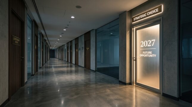 dark modern corporate office hallway with multiple closed doors and one brightly illuminated door displaying strategic choice, 2027 and future opportunity text in a reflective corridor