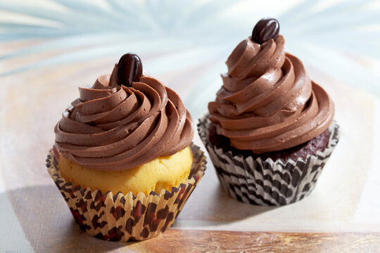 Two with mocha beans decorated cup cakes in paper cups