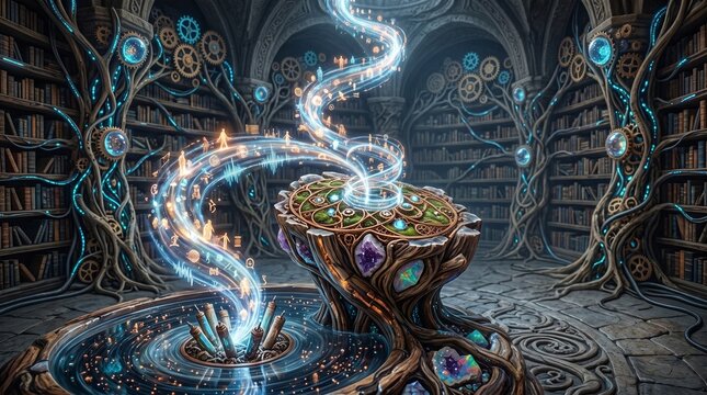 Conceptual Image of an Arcane, Bio-Mechanical Data Repository in an Ancient Library with a Swirling Vortex of Digital Knowledge and Cosmic Symbols
