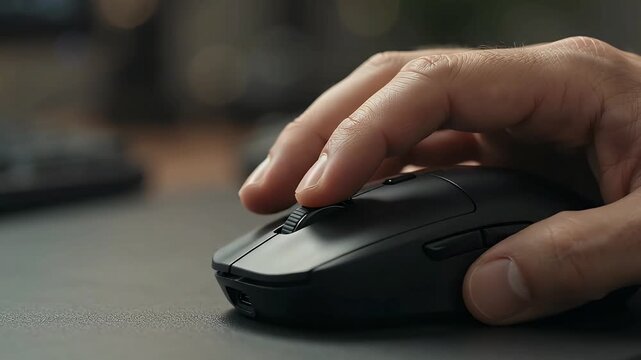 Computer mouse operating with hand clicking button on desk in office workplace