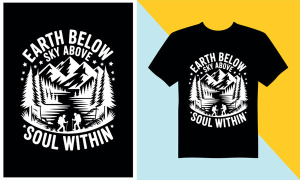 A black t-shirt featuring a detailed white graphic of mountains, trees, and hikers with inspirational text.