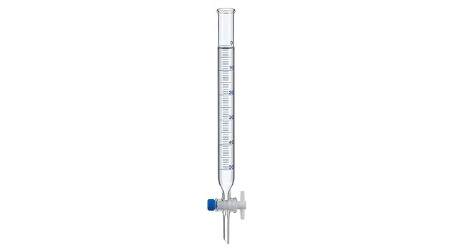 Graduated glass burette with blue stopcock for titration experiments in science laboratory.