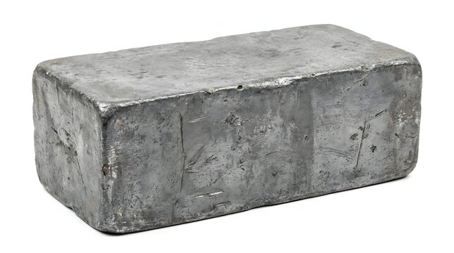 Heavy gray rectangular lead ingot on white background chemical element material.