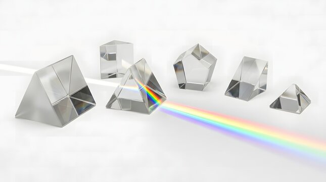 Light spectrum refracted by glass prisms and pentagonal shapes on white background.