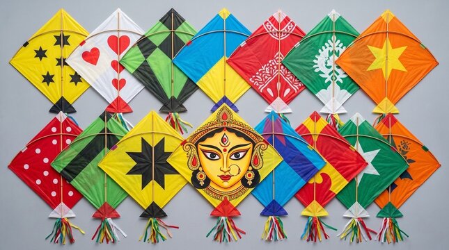 Colorful kites with goddess artwork arranged for Makar Sankranti celebration representing Indian culture tradition and festive decoration