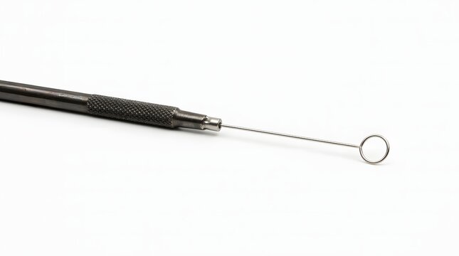 Close up of metal inoculating loop with circular end on white surface.