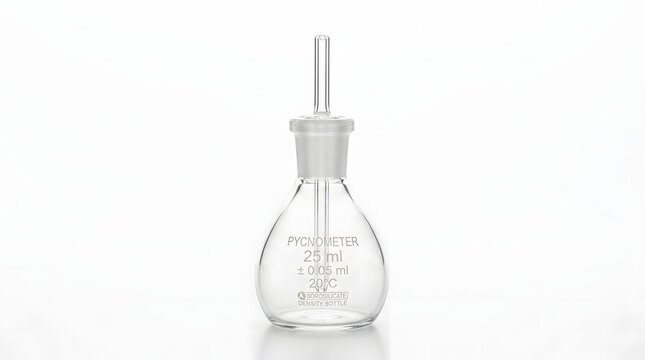 Clear glass pycnometer flask for measuring liquid density in laboratory research settings.
