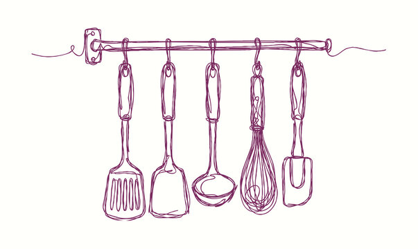 Hanging kitchen spatula and utensils doodle set vector illustration