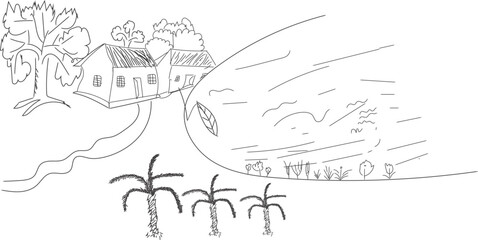 Fototapeta premium Rural home with palm trees during a stylized storm with swirling winds and rough water