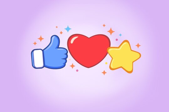 Illustration of thumbs up heart and star icons on purple background