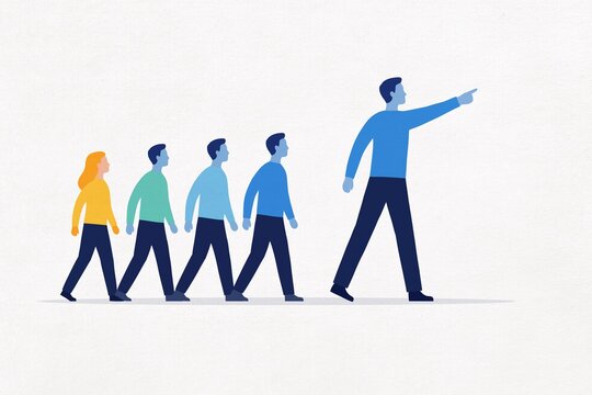 A large leader guides a team forward towards business success