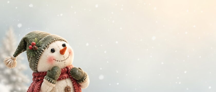 Adorable handmade felt snowman wearing a knitted hat and scarf, set against a snowy Christmas scene with festive lights and a text banner.