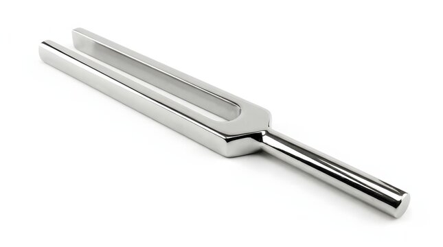 Single shiny silver metal tuning fork for frequency analysis and vibration experiments now.