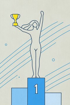 A woman celebrates success on a podium with a gold trophy