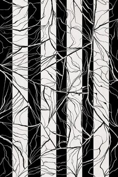 The abstract pattern features black and white stripes with lines