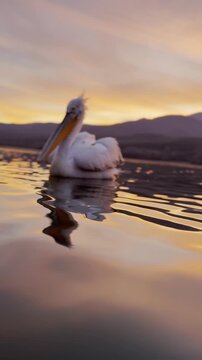 Beautiful Dalmatian pelican staying on water at a beautiful and colorful sunset. Lake Kerkini, Greece.