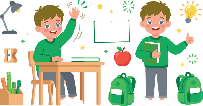 Happy School Boy Studying and Learning with Desk, Books, Apple, Backpacks, Pencil Holder, Lamp, and Lightbulb for Education Designs