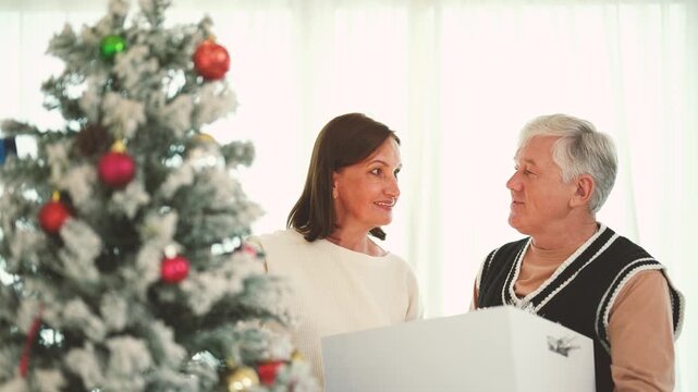 Senior man helping woman decorate Christmas tree at home, holiday season, elderly couple, Christmas ornaments, family tradition, retirement lifestyle, festive celebration.