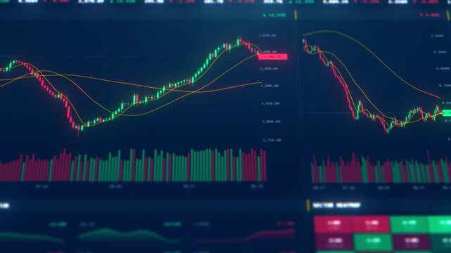 Trading terminal interface with a cryptocurrency candlestick charts, market board quotes and heatmap panels. Close up of a crypto and stock exchange dashboard with green and red price data