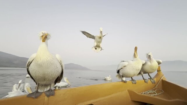 Beautiful Dalmatian pelican staying on the boat and fighting for a place. Lake Kerkini, Greece.
