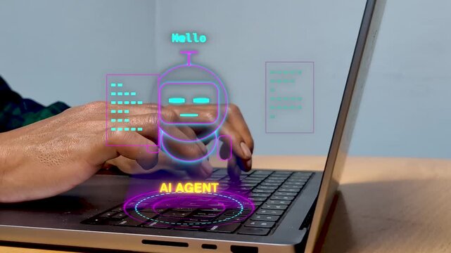 AI agent interface laptop keyboard, showing workflow automation, data processing, software management, virtual assistant, and futuristic artificial intelligence technology concept.