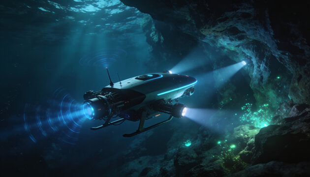 Futuristic submarine exploring deep underwater cave with glowing lights.