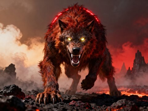Ferocious Demonic Wolf With Glowing Eyes Stalking Across Lava-Scarred Volcanic Landscape

