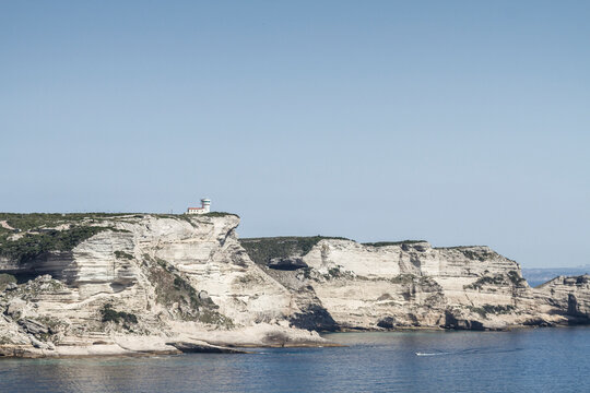 France, Corsica, Bonifacio, Capo Pertusato, Chalk cliffs with semaphore