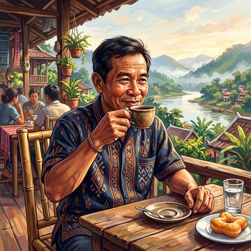 Happy middle aged Asian man drinking hot coffee at riverfront balcony cafe, enjoying scenic mountain landscape view, traditional Southeast Asian culture and morning leisure vector illustration