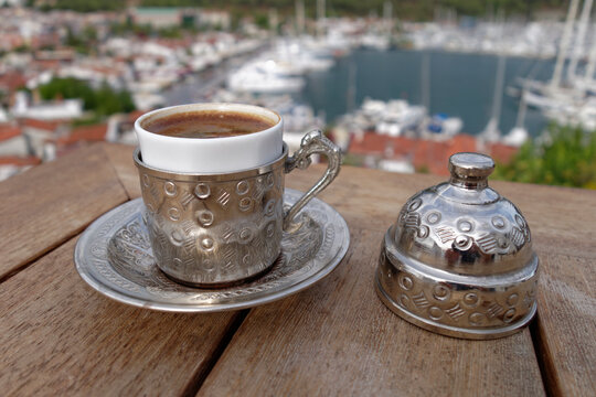 Turkey, Mugla Province, Marmaris, Turkish coffee in traditional silver cup