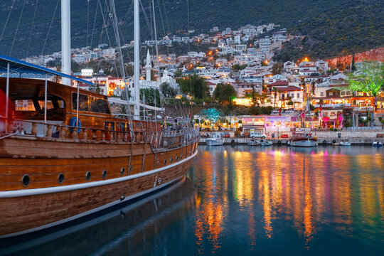 Turkey, Antalya Province, Kalkan, Gulet in harbour
