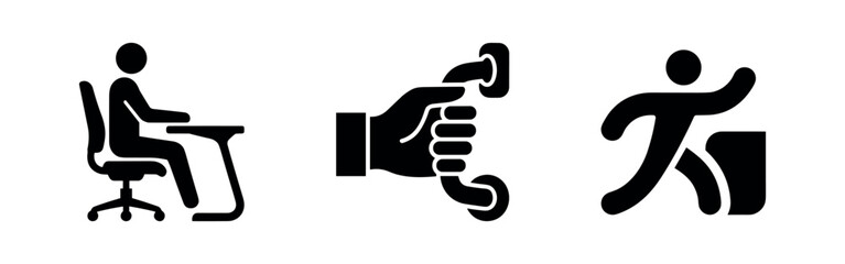 Office Work, Communication, and Active Lifestyle Icons: Business Call, Movement, and Exercise Pictograms