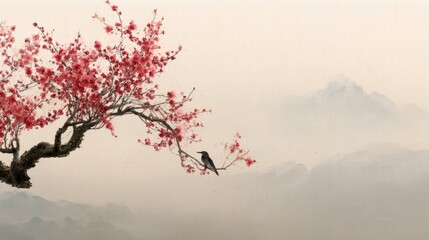 Fototapeta premium Chinese Ink Wash Plum Blossom Bird Mountain Oriental