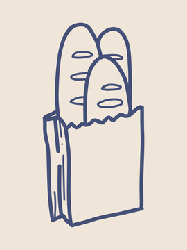 Hand Drawn Grocery Bag with Bread Doodle Icon Minimal Bakery Illustration