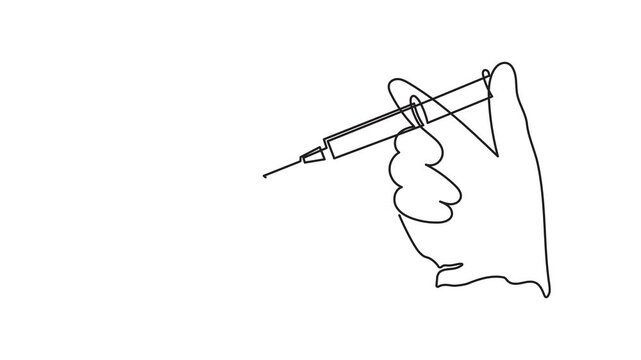 Lip injection procedure hand holds syringe one line art animation, cosmetic surgery anti aging movie, lips augmentation continuous line drawing hyaluronic acid filler. 4k self-drawing video
