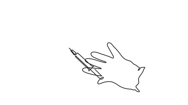 Lip injection procedure hand holds syringe one line art animation, cosmetic surgery anti aging movie, lips augmentation continuous line drawing hyaluronic acid filler. 4k self-drawing video