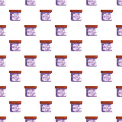 Fototapeta premium Purple cosmetic creams in jars repeating across white background