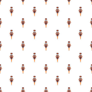 Woman sailor managing a ship's steering wheel repeating as a seamless pattern
