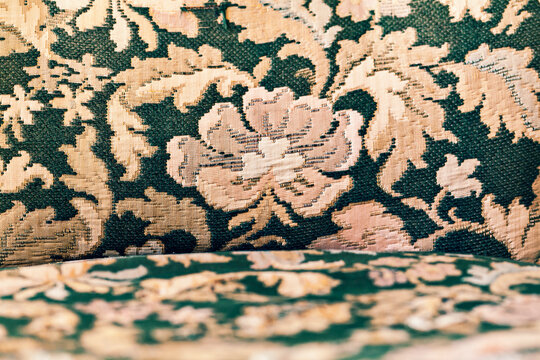 Closeup of vintage floral chair upholstery in Sagres Portugal
