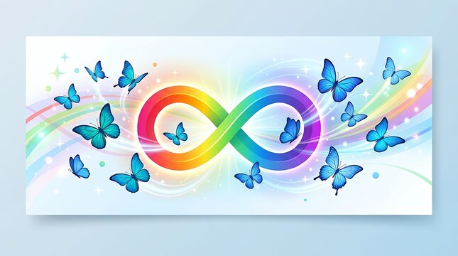 Neurodiversity Infinity Spectrum Emblem with Flying Blue Butterflies Design for Awareness Horizontal Banner autism awareness day banner infinity symbol rainbow spectrum neurodiversity blue