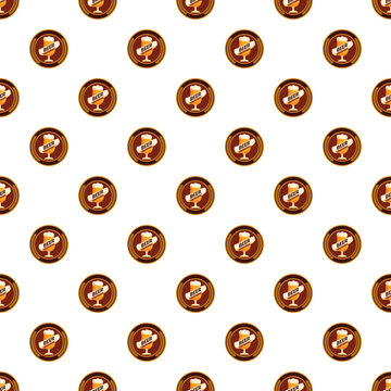Seamless pattern featuring circular beer glass emblems with wheat ears on a white background