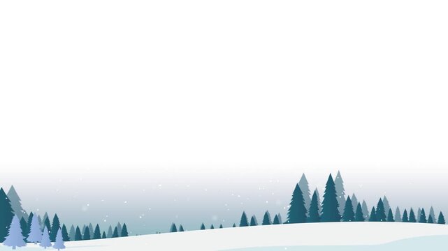 Winter forest landscape features pine trees covered in snow at the bottom border.