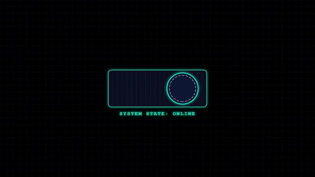 Cyberpunk HUD toggle switch animation moving from red offline to green online state on transparent