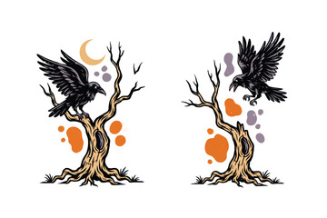 Naklejka premium Spooky Raven on Twisted Dead Tree Vector Illustration Isolated on White Background