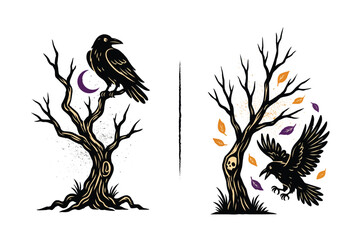 Naklejka premium Raven inside twisted dead tree vector illustration isolated on white background