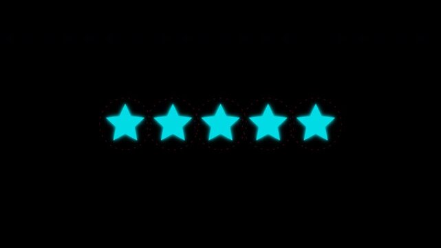 Cyberpunk neon star rating system igniting from zero to five stars on alpha channel background
