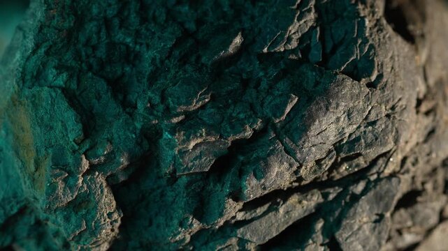 Sunlight beam moving across cracked rock surface with green tones