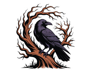 Naklejka premium Gothic Raven and Twisted Dead Tree Vector Illustration Isolated on White Background